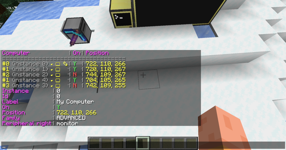A screenshot of a Minecraft world. In the chat box, there is a table listing 5 computers, with columns labelled "Computer", "On" and "Position". Below that, is a more detailed list of information about Computer 0, including its label ("My computer") and that it has a monitor on the right hand side